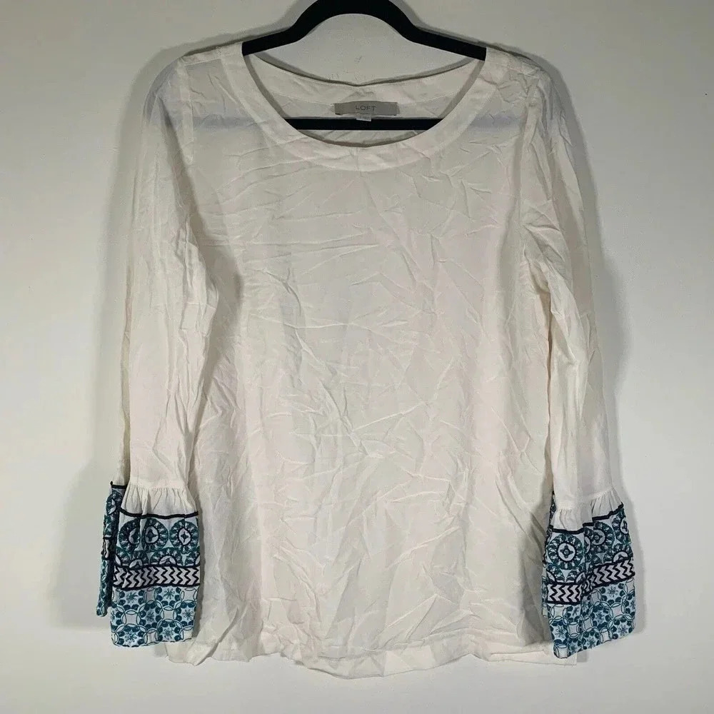 Loft Blouse Women’s Small White Embroidered Flare Sleeve Round Neck Shirt